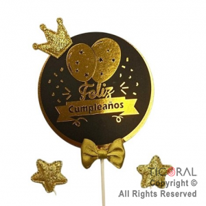 CAKE TOPPER CON 2 ESTRELLAS FELIZ CUMPLEAOS ORO Y NEGRO